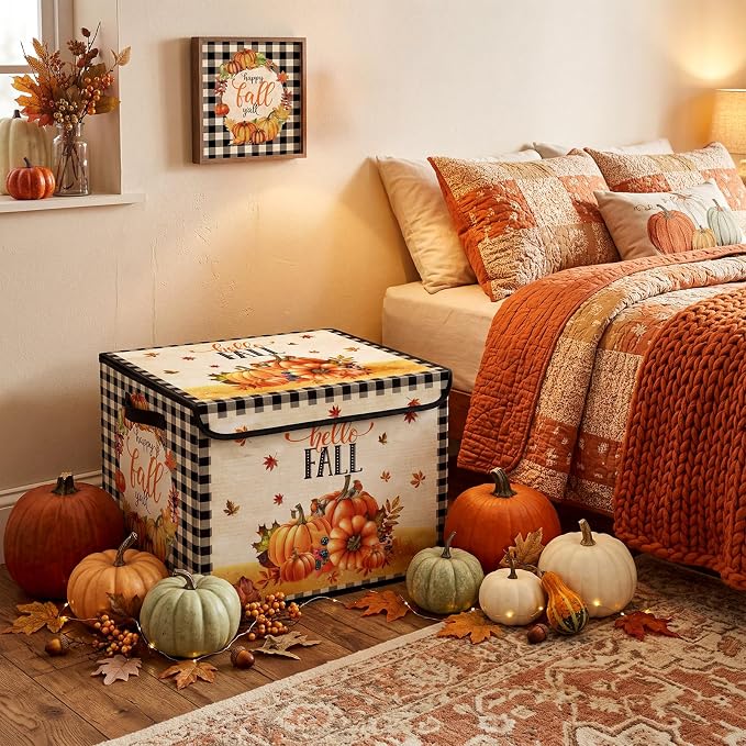 Briwooody Fall Pumpkin Storage Bin with Lid and Carrying Handle Pumpkin Foldable Storage Box Large Autumn Harvest Decorative Collapsible Container Basket for Organizing Closet Home Bedroom Fall Gifts