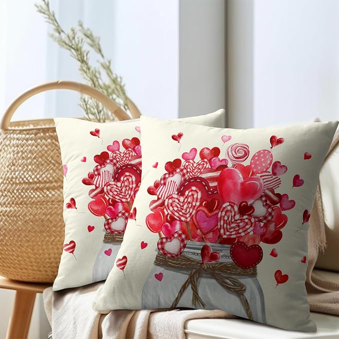 Kawani Valentine's Day Throw Pillow Covers 18x18 Inch Set of 2 Red Love Hearts Lollipops Mason Jar Romantic Pillowcase Cotton Linen Square Cushion Case for Wedding Anniversary Date Decor