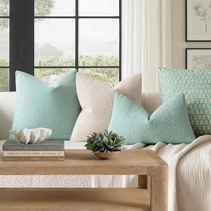 Foindtower Pack of 2 Textured Boucle Throw Pillow Covers Accent Solid Decorative Lumbar Pillow Cases Cozy Soft Couch Cushion Case for Chair Sofa Bedroom Living Room Home Decor 12x20 Inch Aqua Blue