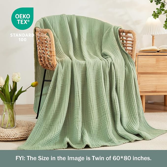 EMME Cotton Muslin King Blanket 4 Layer, Ultra Soft Breathable Bed Layering Bedspread Coverlet Breathable Gauze Lightweight (Sage Green, 108"x90")