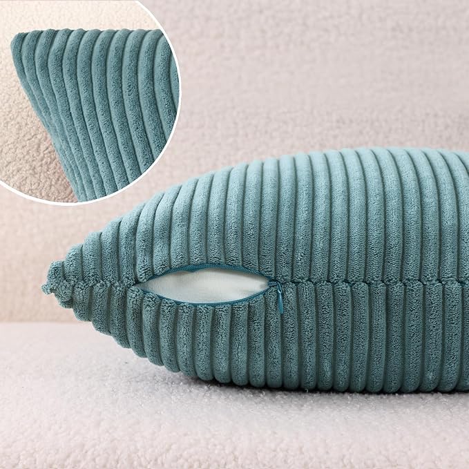 Mecatny Corduroy Decorative Throw Pillow Covers 22x22 Set of 2 Teal | Soft Striped Texture, Hidden Zipper Design, Neutral Boho Square Pillow Cases for Sofa Couch Living Room Bedroom, Home Décor
