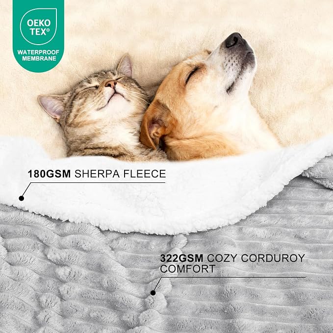 Waterproof Dog Blanket Warm Grey 40x50 in | Soft Pet Cat Blanket Cozy Calming Sherpa Corduroy Fleece Reversible Furniture Bed Protector Small Dogs, Machine Washable