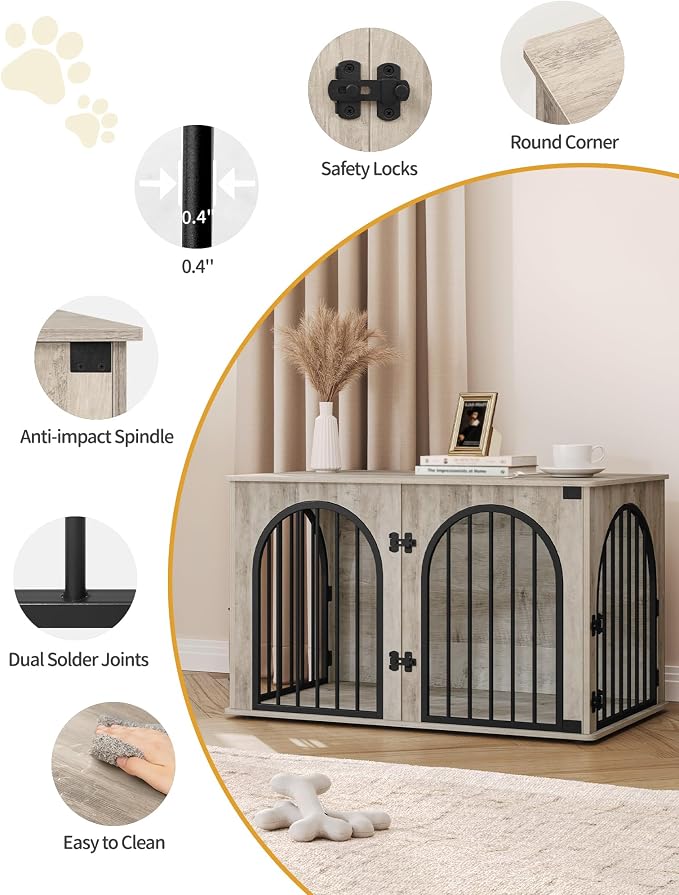 Hzuaneri 39.4'' Dog Crate Furniture,Dog Kennel Indoor for Medium/Large Dogs | Dog Kennel Furniture Wooden Dog Cage Heavy Duty Dog Crate Decorative Pet House End Side Table TV Stand,Greige Black DFC84105B