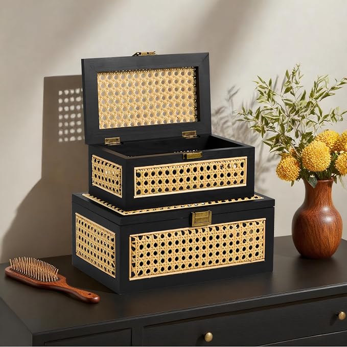 Rattan Storage Boxes Decorative Handmade Natural Wood Baskets | with Lid & Wooden Frame, Boho Rustic Wicker Stacking Woven Cane Bins, Shelf Closet Desk Organizer Container, Black, Small