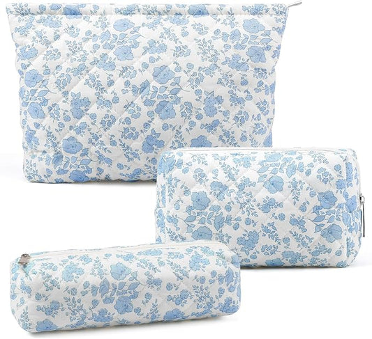3 Pcs Makeup Bag Cosmetic Bag Set for Girls Women Checkered Travel Organizer Bathroom Toiletry Pouch Large Capacity Storage Bag(Blue Flower)