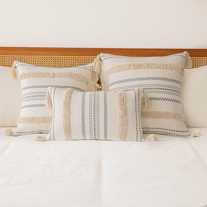 BUIOVBEY Boho Throw Pillow Covers Woven Tufted Pillow Cases with Tassels | Farmhouse Pillow Covers 12x20 Set of 2 Textured Striped Cushion Case Neutral Decorative Pillowcase for Sofa Couch Bed Khaki