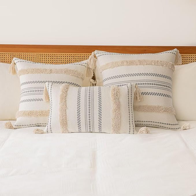 BUIOVBEY Boho Throw Pillow Covers Woven Tufted Pillow Cases with Tassels | Farmhouse Pillow Covers 20x20 Set of 2 Textured Striped Cushion Case Neutral Decorative Pillowcase for Sofa Couch Bed Khaki
