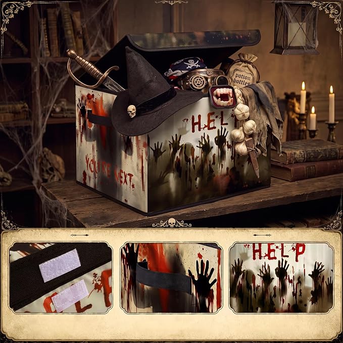 Briwooody Halloween Storage Bin with Lid and Carrying Handle Halloween Help Foldable Storage Box Large Bloody Ghost Shadow Hands Decorative Collapsible Container Basket for Closet Home Bedroom Gift
