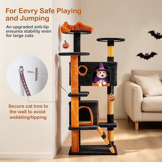 Yaheetech 54in Gothic Cat Tree, Multilevel Indoor Halloween Cat Tower | Activity center with cute kitten-ear perch, scratching posts, 2 kittens caves, black/pumpkin orange halloween decor