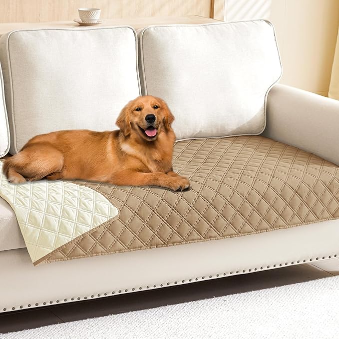 Smiry Waterproof Reversible Pet Couch Covers for Dogs | Pet Friendly, Soft Fabric, Washable Sofa Furniture Protector for Dogs Cat Kids, Checkered (30"x80", Camel/Beige)