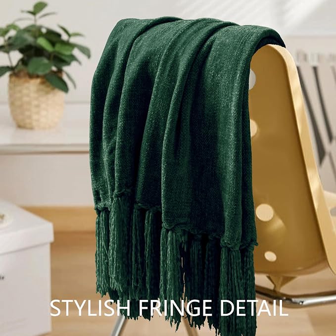 Chenille Throw Blanket for Couch 50" x 60", Dark Green | Soft Cozy Throws with Fringe Tassel, for Living Room Bed Sofa Chair Cover, Lightweight Knitted Boho Blankets Christmas Decor