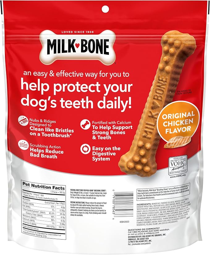 Milk-Bone Brushing Chews Large Daily Dental Dog Treats, 33.7 oz Bag | 25 treats, chicken flavored, VOHC accepted dental chews, helps clean teeth and freshen breath, for large dogs 50 lbs and up