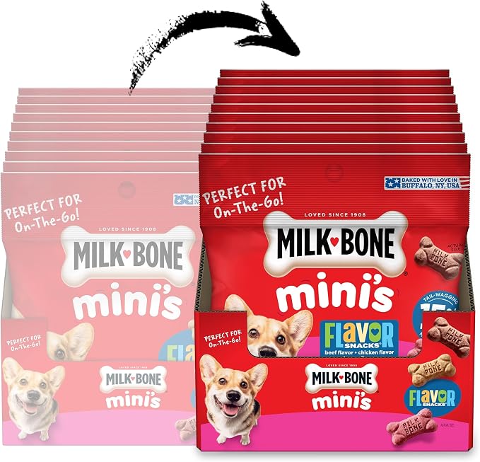 Milk-Bone Flavor Snacks Mini’s Dog Treats, 20 To-Go Bags | 2.5-oz. bags, 5 flavors per box (beef, chicken, turkey, bacon & sausage flavors with other natural flavors)