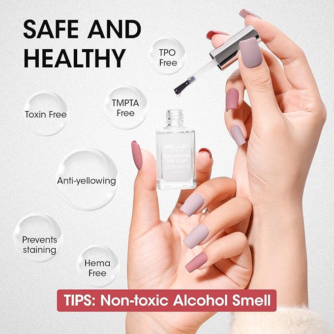 GELLEN Matte Clear Nail Polish Top Coat, Quick Air Dry, Non UV Gel, Calcium-Formula Matte Regular Nail Polish Strengthens Fingernails | Toxin HEMA TPO Free, No Chip, Long Lasting