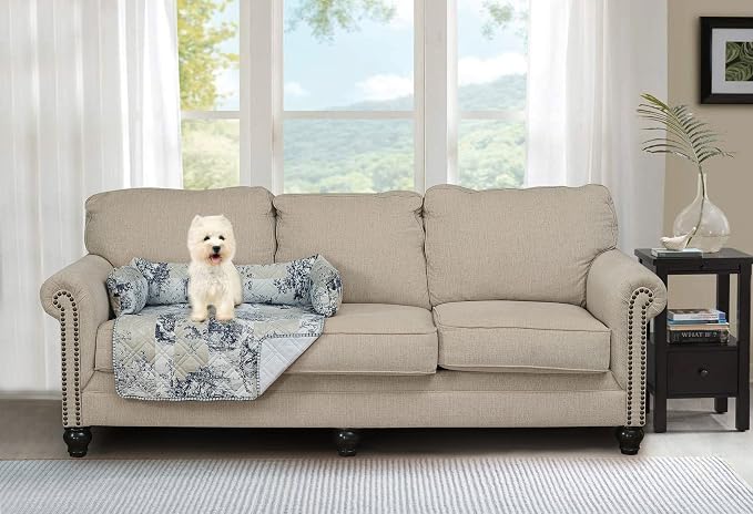 Brilliant Sunshine Blue Toile Dog Sofa Slipcover, Beige Ivory, Medium | Calming Pet Couch Bed with Removable & Washable Cover, Funiture Protector & Bed Mat for Dogs, Pets, Cats, 30"×32"×8"