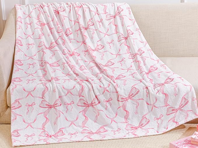 Pink Bow Throw Blanket 50"x60" Soft Flannel for Girls Women | Coquette Aesthetic Decor with Ruffled Edges, Ultra Plush Bed Sofa Blanket, Preppy Gift for Teens, Back to School Dorm Room