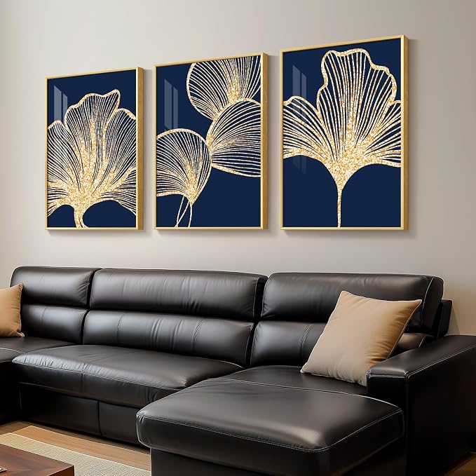 Framed Modern Luxury Wall Art for Living Room, Large Navy Blue and Gold Ginkgo Leaf Artwork for Walls, 3 Piece Contemporary Bright Style Floral Prints for Bedroom Office Hallway Wall Decor, 24x36 Inch | Large navy blue leaf prints, Bright style crystal...