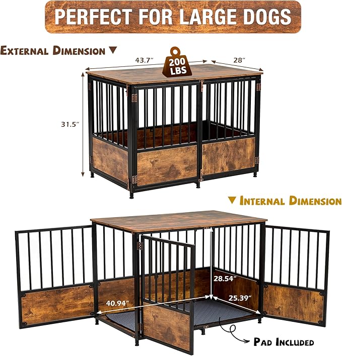 KOOPRO 43.7" Dog Crate Furniture w/Cushion for Large Dog, Heavy Duty Kennel | Wooden with Double Doors Indoor, Decorative Pet House Dog Cage Side End Table, Rustic Brown