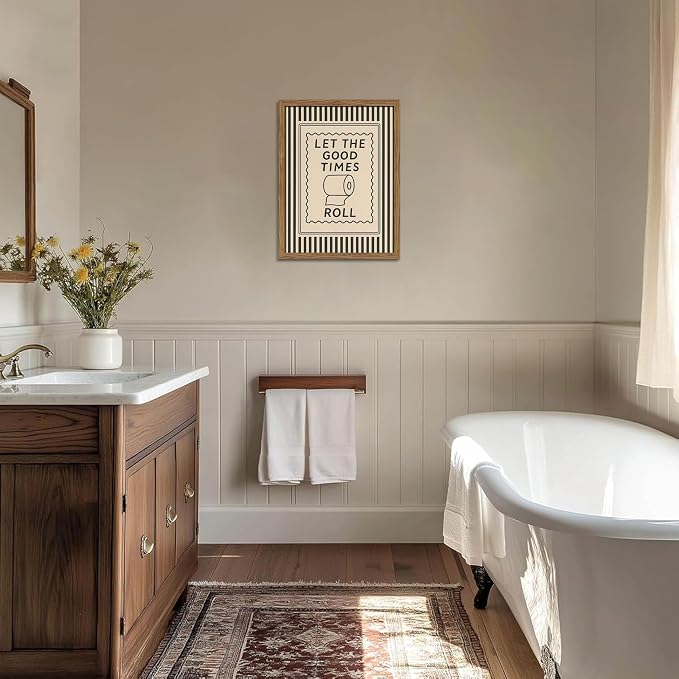 Framed Let The Good Times Roll Bathroom Print, Vintage Funny Toilet Quote Canvas Wall Art, Stripes Bathroom Picture Poster, Downstairs Toilet Painting Wall Decor 16x24 inch