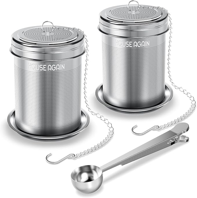 House Again Tea Infuser (2 Pack with Scoop), Extra Fine Mesh Tea Infusers for Loose Tea, 18/8 Stainless Steel Tea Strainer with Extended Chain Hook, Tea Steeper for Brew Tea, Spices & Seasonings
