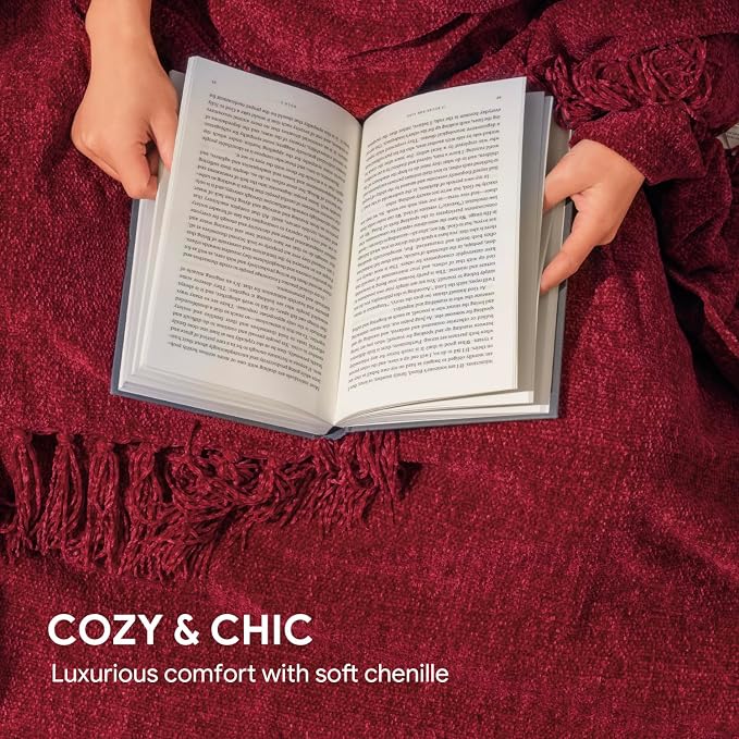 RECYCO Chenille Christmas Throw Blanket for Couch, 50"x60", Christmas Red | Super Soft Knit Throw Blanket with Fringe Tassels, Lightweight Knitted Throw, Cozy, Ideal for Sofa Chair Bed Living Room Gift