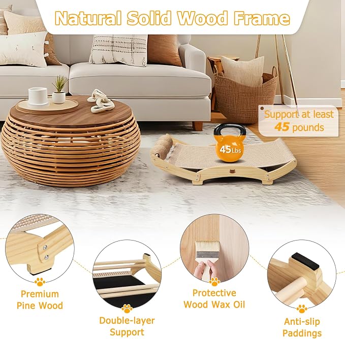 3 in 1 Sisal Cat Scratcher Bed, Solid Pine Cat Scratcher with Balls,Natural | Extra Large Cat Scratching Post with Hammock, Cat Scratcher for Scratch & Play & Rest, Cat Furniture for Indoor Cats, Kitten