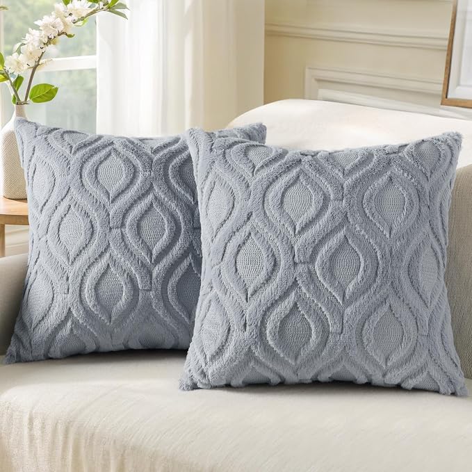 decorUhome Faux Fur Plush Soft Blue Grey Throw Pillow Covers 22x22 Set of 2 | Wool Solid Fall Couch Pillow Covers, Accent Modern Farmhouse Neutral Decorative Square Pillow Cases for Sofa Bed Living Room