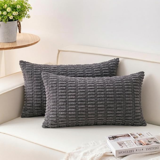 Pack of 2 Corduroy Decorative Throw Pillow Covers 12x24 Inch, Dark Grey | Fall Soft Striped Pillow Covers Modern Farmhouse Home Decor Christmas Throw Pillow Covers for Sofa Living Room Couch Bed