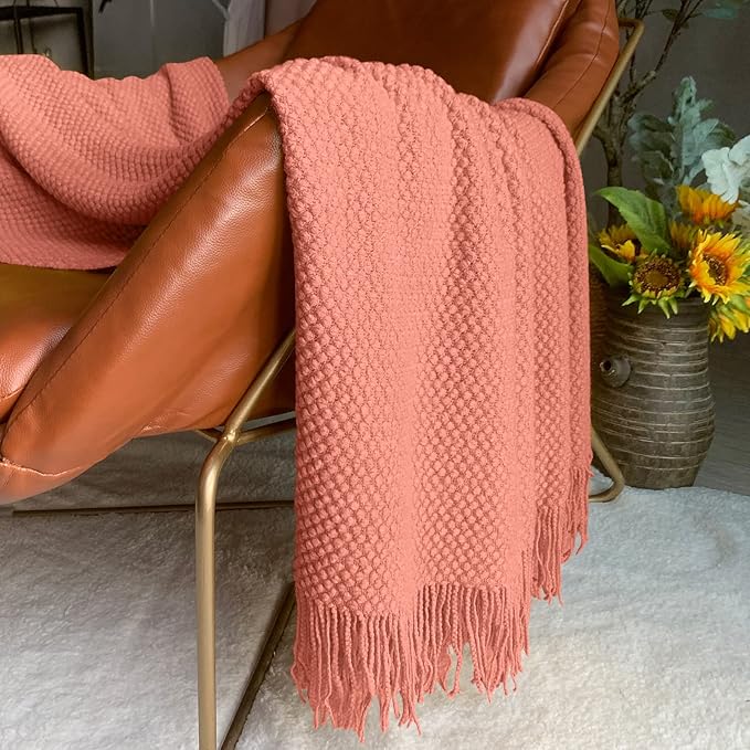 LOMAO Knitted Throw Blanket with Tassels Bubble Textured Lightweight Throws for Couch Cover Home Decor (Coral, 50x60)