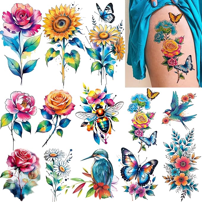 Tazimi 3D Large Watercolor Flower Temporary Tattoos For Women Watercolor Roses Flower Butterfly Sunflower Daisy Tattoos Sticker Girls Adults Waterproof Realistic Arm Body Colourful Tattoos