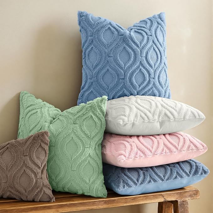 decorUhome Faux Fur Plush Soft Blue Throw Pillow Covers 16x16 Set of 2 | Wool Solid Fall Couch Pillow Covers, Accent Modern Farmhouse Neutral Decorative Square Pillow Cases for Sofa Bed Living Room