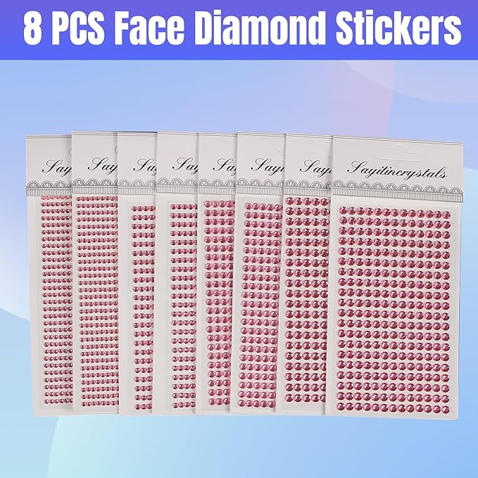 8 Sheets Rhinestone Stickers，3584 Pcs Gem Stickers for DIY Face Eyes Makeup Hair（Pink-3/4/5/6mm）