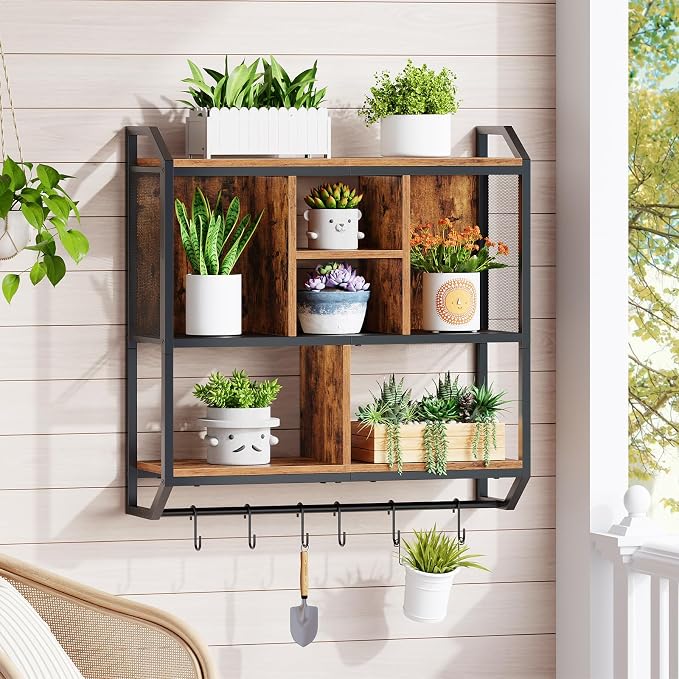 HOOBRO Gaming Floating Shelf with LED Lights, 28.7" LED Wall Mounted Shelf, 3-Tier Display Rack for Wall Storage, Floating Rack with Hanging Rod and 6 S-Hooks, Rustic Brown and Black BF70DBJ01