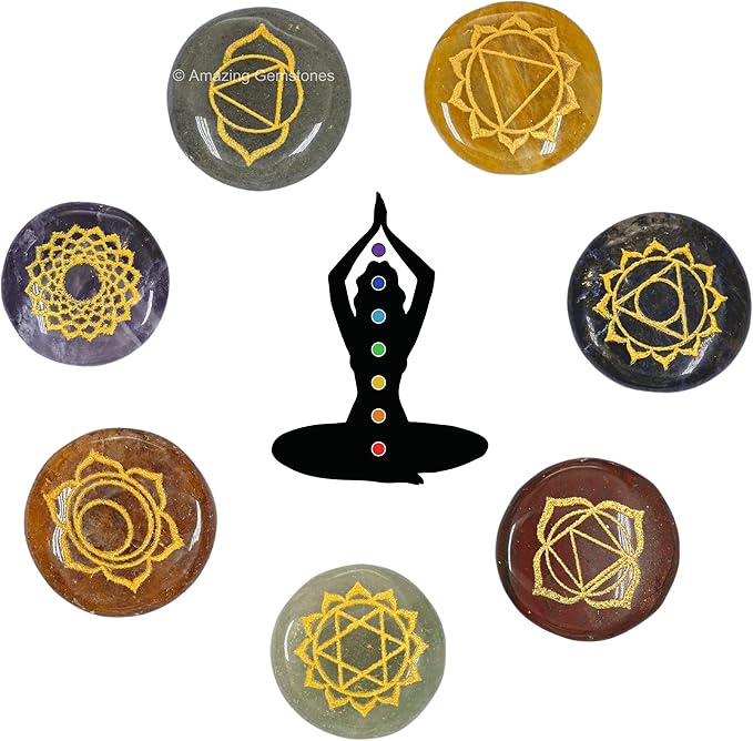 Amazing Gemstone 7 Chakra Set Reiki Healing Crystal with Engraved Chakra Symbols - Chakra Balancing Polished Palm Stones Set with Velvet Pouch