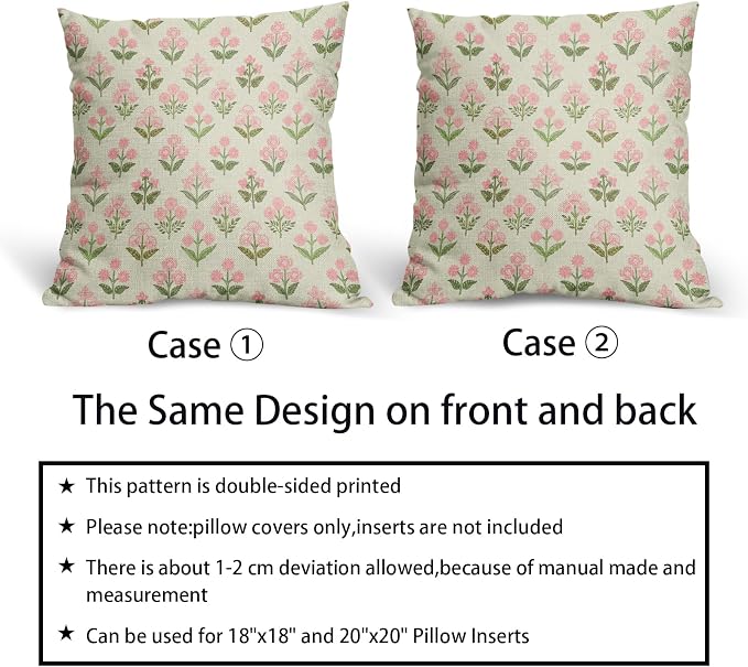 Pink Green Block Print Pillow Covers 20x20 Inch Set of 2 Vintage Floral Decorative Pillow Cases Boho Outdoor Linen Square Cushion Cover Rustic Farmhouse Decor for Bedroom Home Sofa Couch Bed
