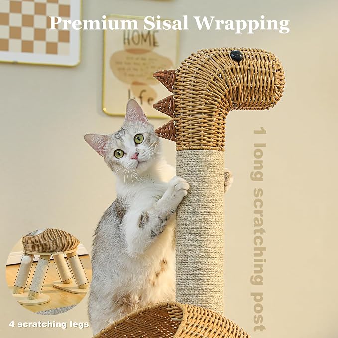 PAWZ Road Dinosaur Cat Tree 46” Cat Scratching Posts with Large Rattan Bed | Modern Cat Furniture with 18.5 Dia Cat Bed and Removable Mat, Themed Cat Tower 5 Scratching Posts for Indoor & Large Cats