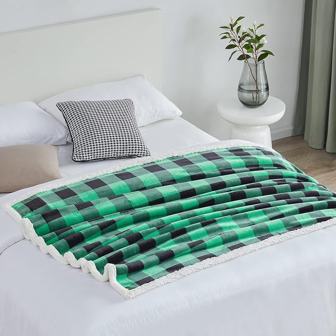 Sherpa Green and Black Buffalo Plaid Christmas Twin Blanket 60" X 70", Fuzzy Fluffy Soft Cozy Blanket, Fleece Flannel Plush Microfiber Blanket for Couch Bed Sofa (Green and Black)