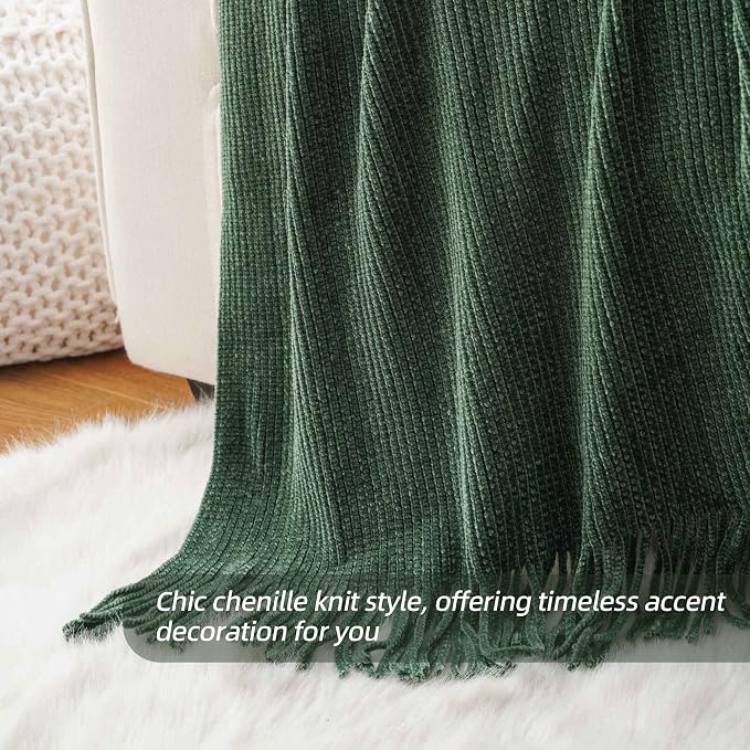 BATTILO HOME Dark Green Throw Blanket for Couch, 50"x60" | Soft Chenille Knit Throws with Tassels for Home Decor, Spring Green Throws for Couch Cover