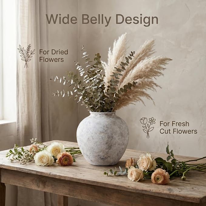 Lvases Aged Stone Rustic Ceramic Farmhouse Home Decor Dried Flower Vase | 8.3in large stone white limestone finish, mediterranean tuscan aged cement look, rustic table living room decorative vase