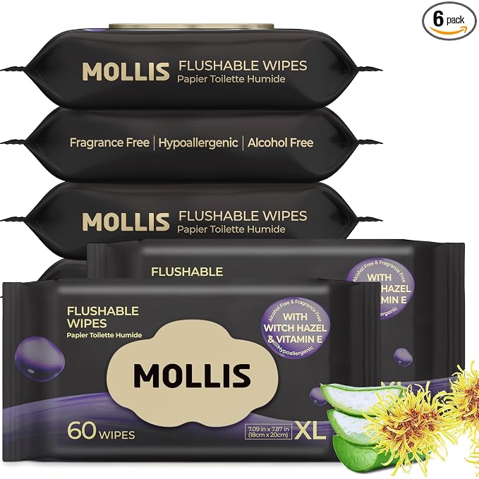 MOLLIS Flushable Wipes for Adults, Extra Large Unscented Wet Wipes with Witch Hazel & Vitamin E, Gentle for Sensitive Skin, 100% Plant-Based, Sewer & Septic Safe, 360 Count (6 Packs of 60)