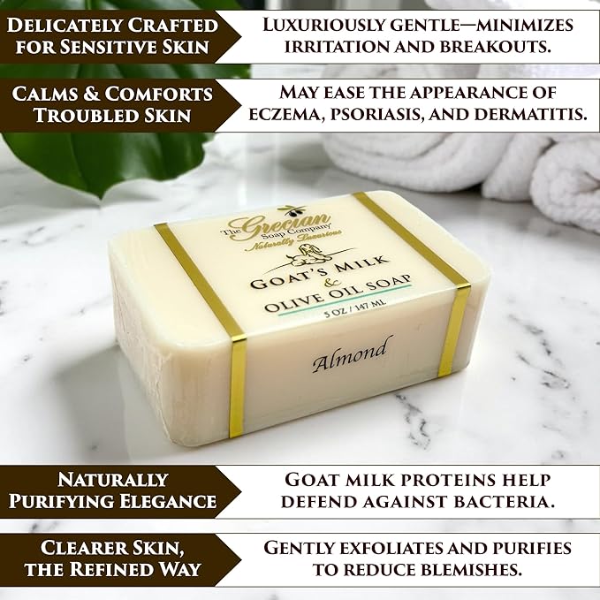 The Grecian Soap Company Goat Milk & Olive Oil Soap Bar 3-Pack – Almond Scent, Natural Bar Soap for Dry & Sensitive Skin, Moisturizing & Nourishing Body Soap Bars, Made in USA, Goat Milk Soap