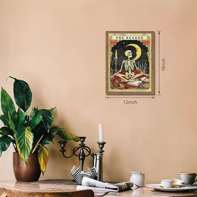 Framed The Reader Tarot Canvas Wall Art, Skeleton Reader Tarot Card Pictures Wall Decor, Bookish Witchy Library Poster Print Artwork for Witchy Reading Nook Book Lover Gift 12x16 inch