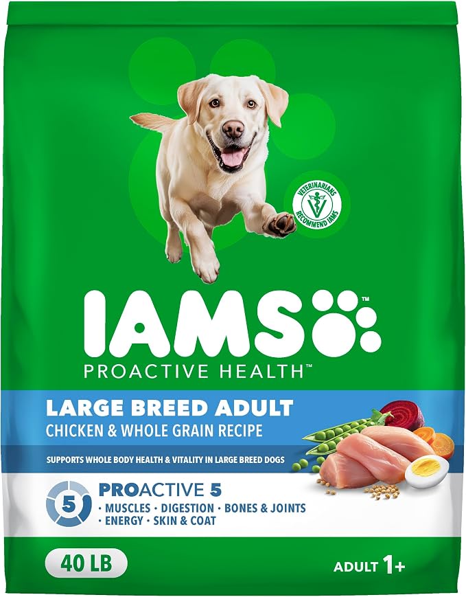 IAMS Proactive Health Large Breed Dry Dog Food, Chicken, 40 lb | Veterinarian-recommended, real chicken #1 ingredient, L-Carnitine for metabolism, Glucosamine & Chondroitin, optimal calcium