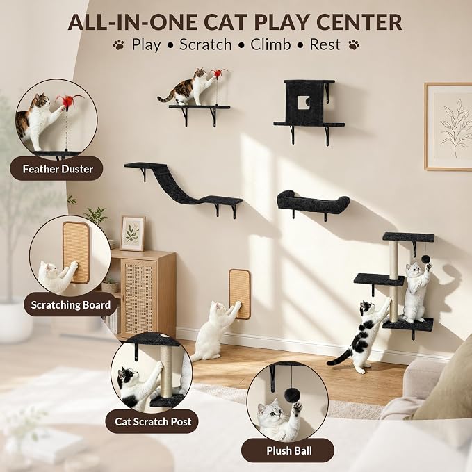 Cat Wall Shelves, 6 in 1 Cat Wall Furniture Set with Condos House, Bed, Bridge, Tree, Steps, Scratching Board, DIY Walls Playground for Indoor (Black)