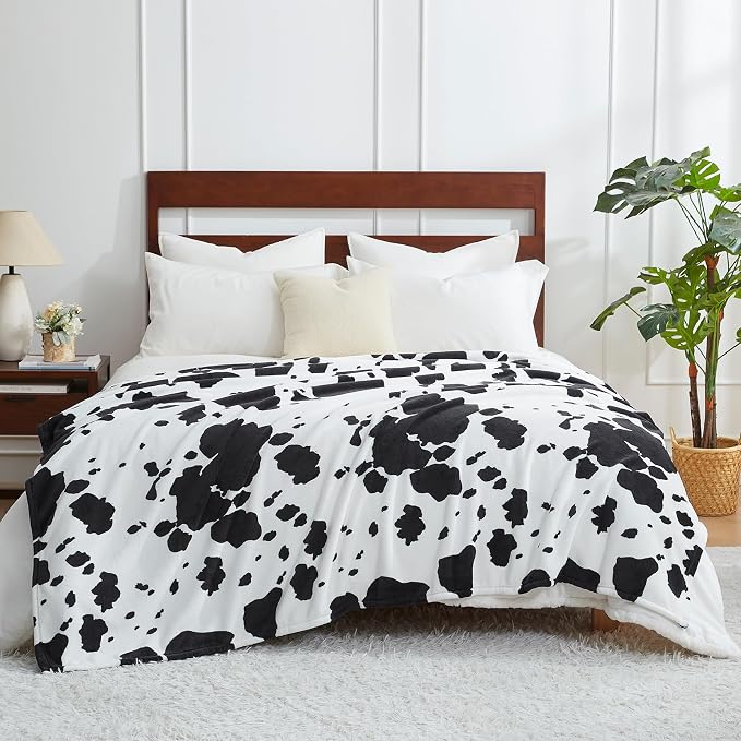 Cozy Bliss Cow Print Throw Blanket for Bed - Super Fuzzy Thick Soft Warm Fleece Blankets for Couch & Room Décor, for Women Men Girls Kids, Black & White Queen Size 90"*90"