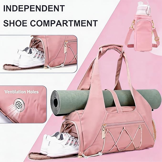 Gym Bag for Women, Yoga Mat Bag with Shoe Compartment and Wet Pocket, Sport Yoga Gym Bag with Yoga Strap, Carryall Yoga Tote Bag