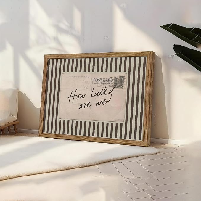 Framed How Lucky Are We Wall Art, Vintage Preppy Inspirational Canvas Wall Decor Painting, Funky Stripe Postcard Quote Poster Print Picture for Bedroom Dorm Apartment Decor 12x16 Inch
