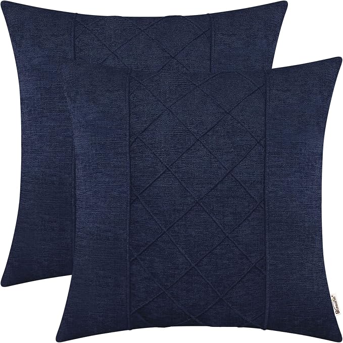 BRAWARM Chenille Throw Pillow Covers 20x20 Inches, Navy Blue, 2 Pack | Decorative Pleated Pillow Covers, Soft Cushion Cases for Sofa Bed Living Room Home Farmhouse (No Insert)