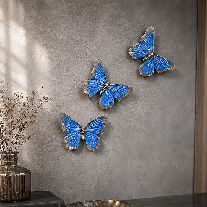 GUSFREUD 3D Butterfly Wall Decor Set – Resin Wall Decor for Living Room, Bedroom, Bathroom, Dining Room, Outdoor and Gallery Walls - Antique Blue - Set of 3
