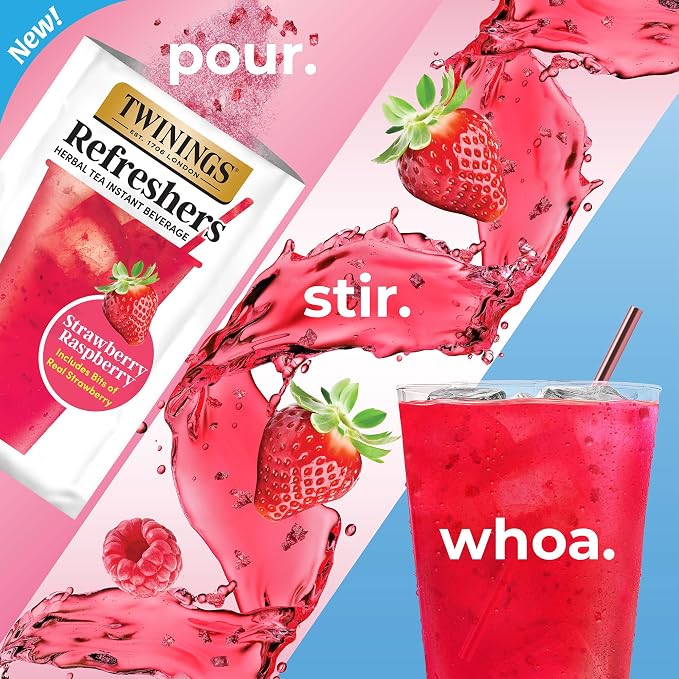 Twinings Strawberry Raspberry Refreshers, Herbal Tea Instant Beverage with Real Strawberry Fruit Bits, 5 Count (Pack of 6), Café Style, No Artificial Sweeteners, Naturally Caffeine-Free, 30 Packets